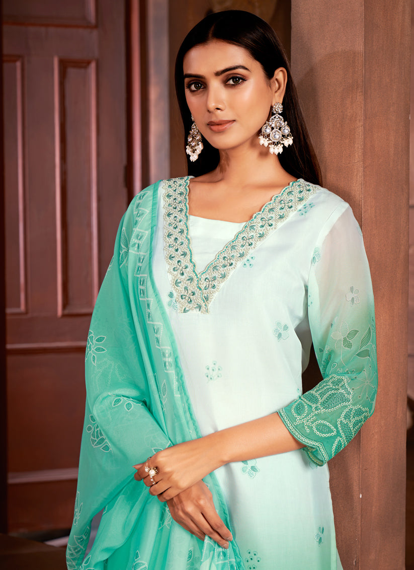 White and Sea Green Organza Readymade Pant Kameez