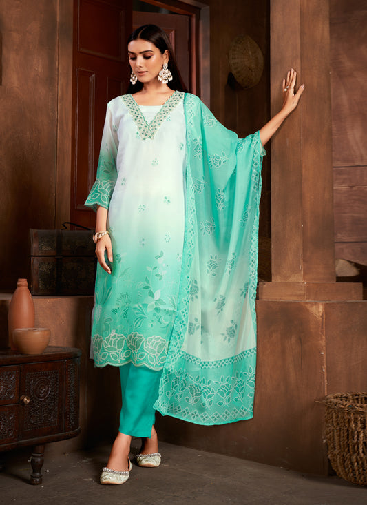 White and Sea Green Organza Readymade Pant Kameez