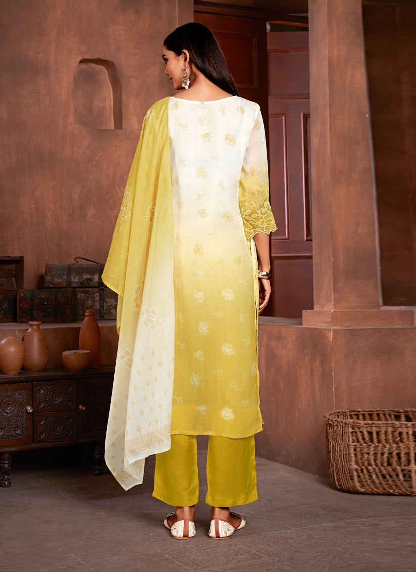 White and Maize Yellow Organza Readymade Pant Kameez