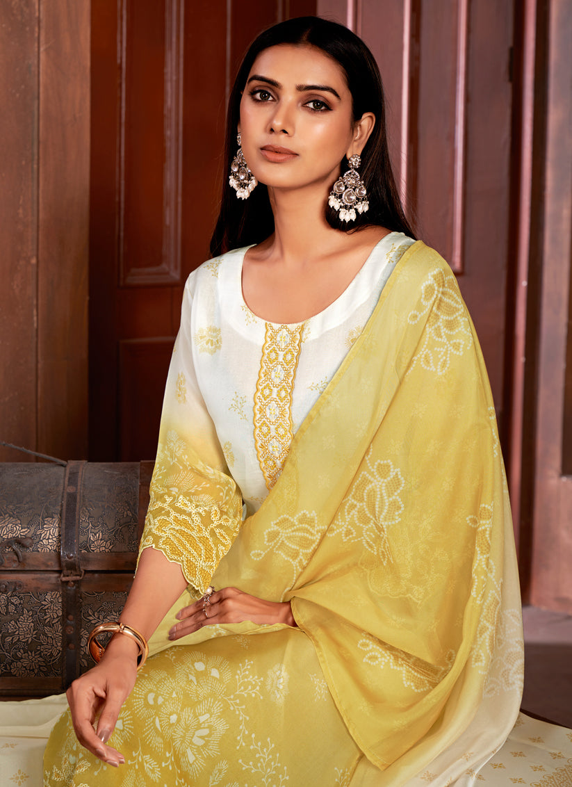 White and Maize Yellow Organza Readymade Pant Kameez