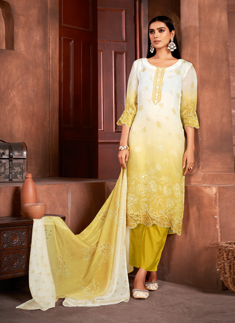 White and Maize Yellow Organza Readymade Pant Kameez