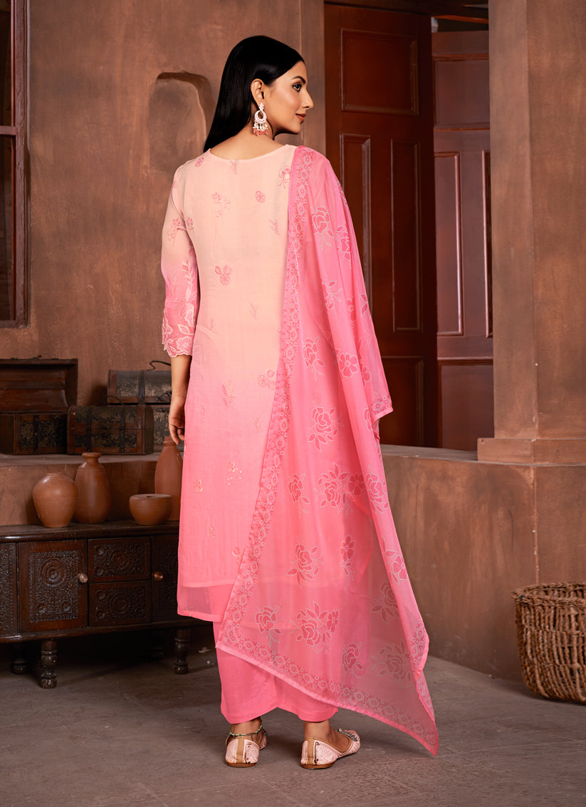 Blush Peach and Cherry Pink Organza Readymade Pant Kameez