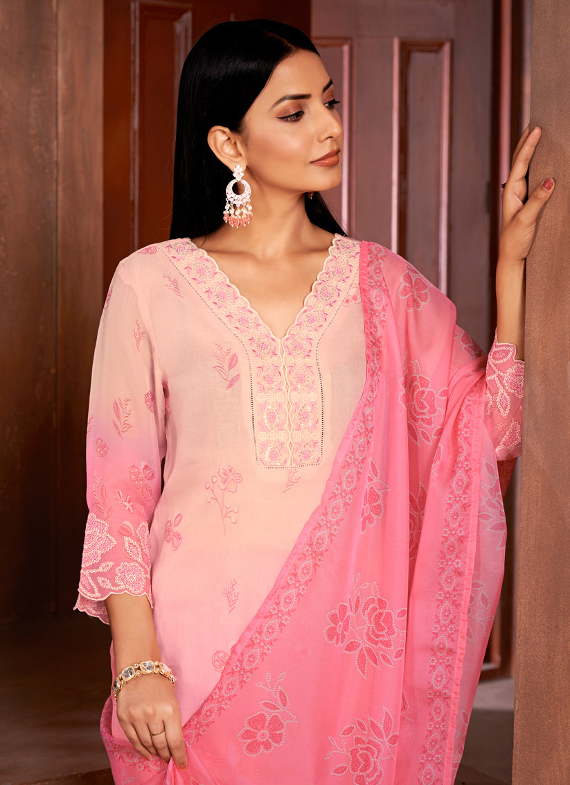 Blush Peach and Cherry Pink Organza Readymade Pant Kameez