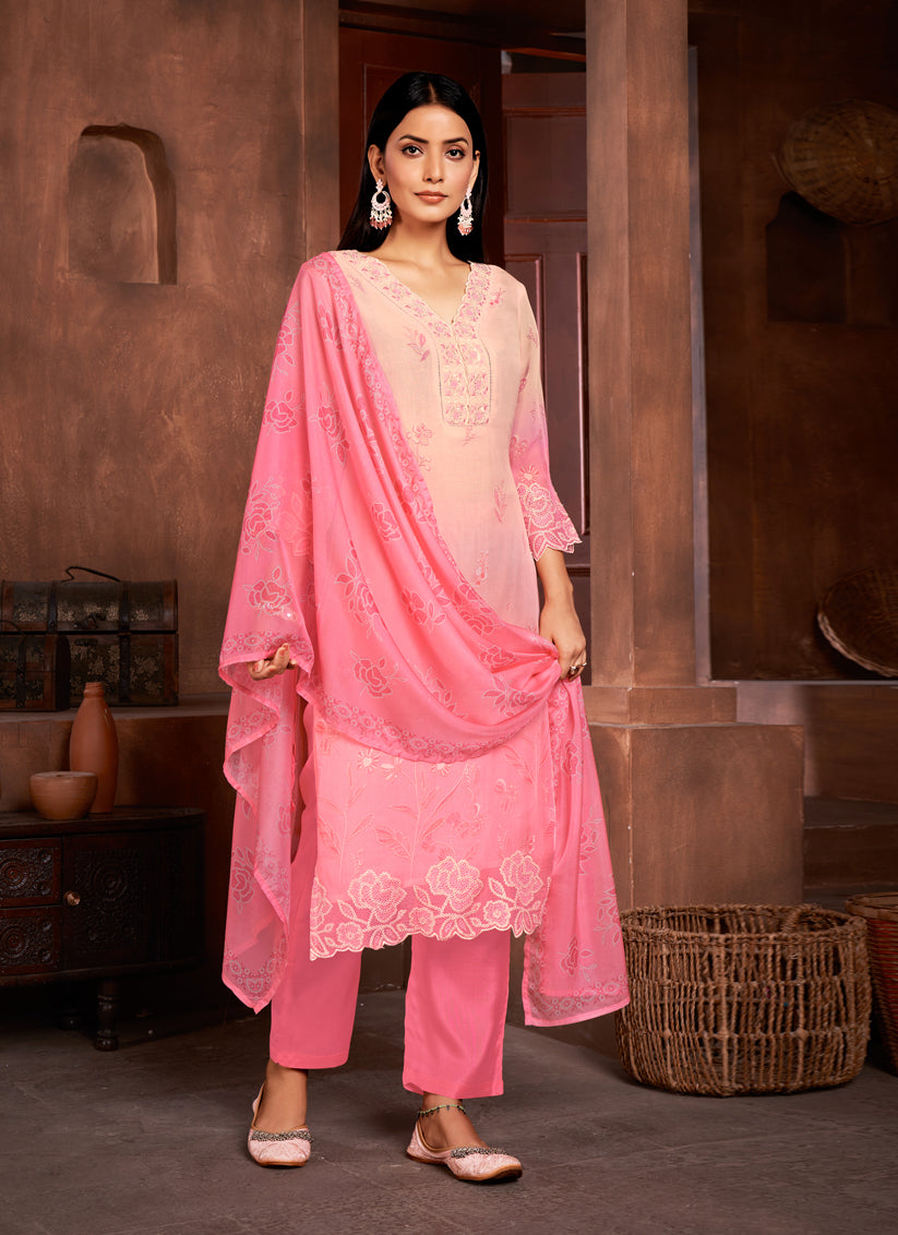 Blush Peach and Cherry Pink Organza Readymade Pant Kameez