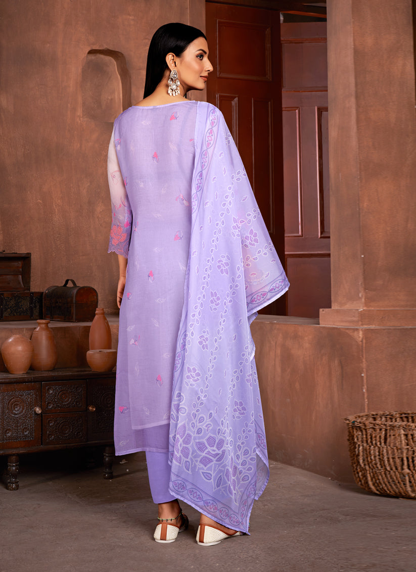 Lavender and White Organza Readymade Pant Kameez