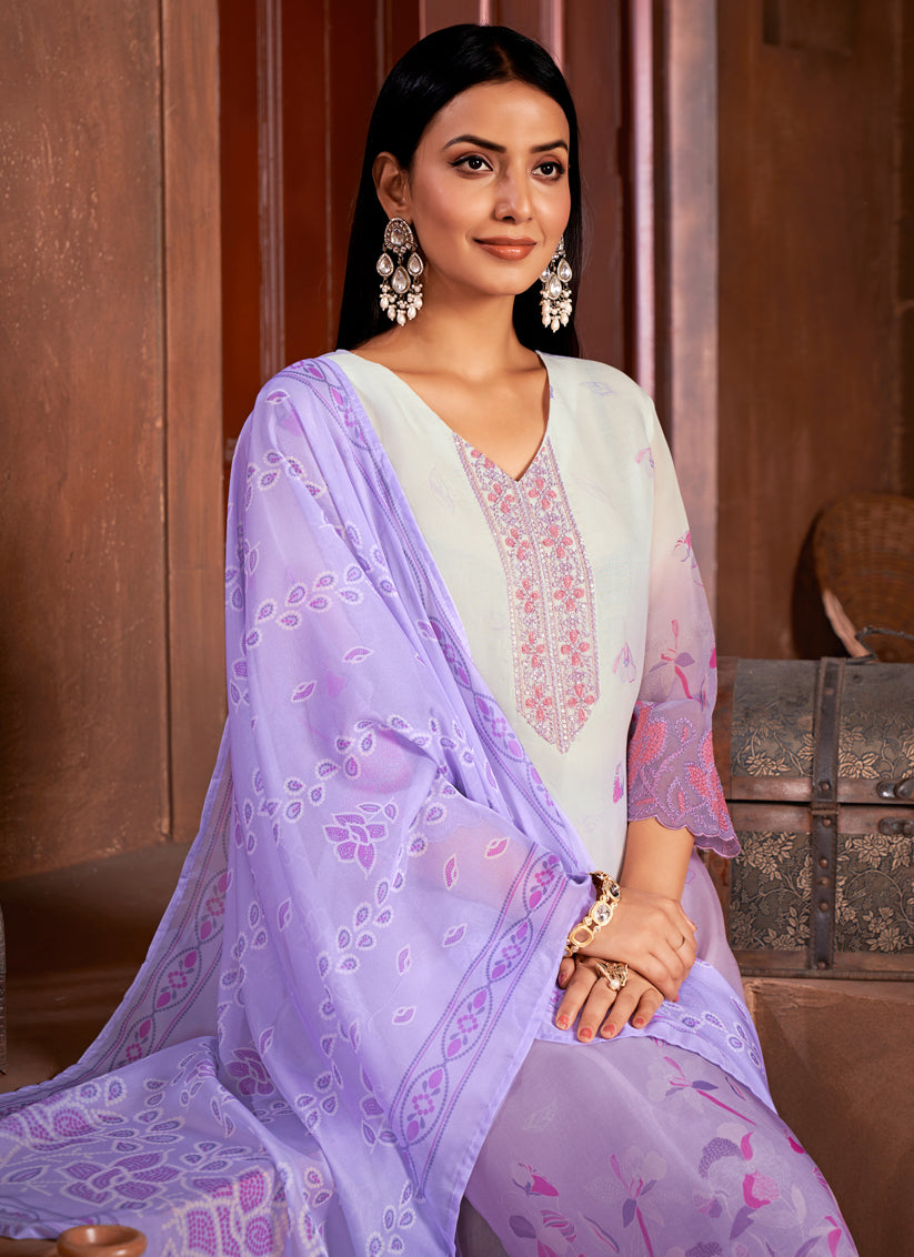 Lavender and White Organza Readymade Pant Kameez