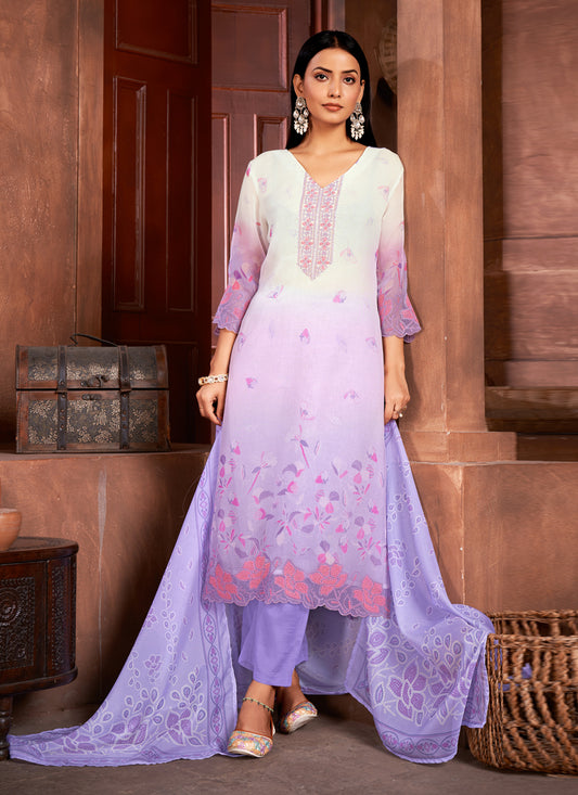 Lavender and White Organza Readymade Pant Kameez