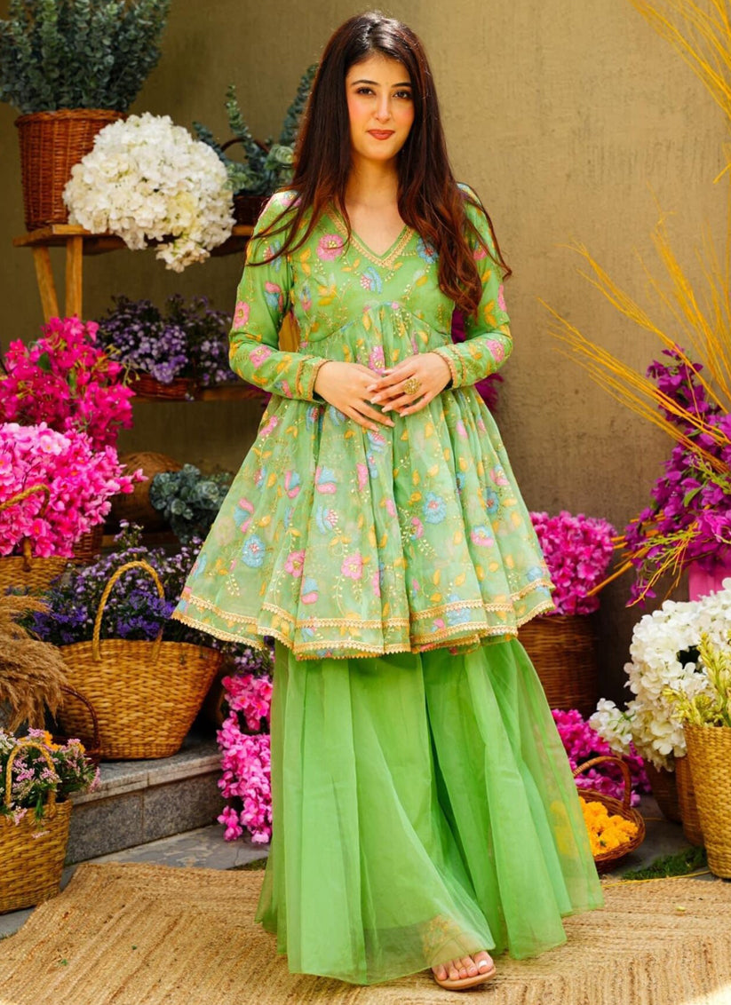 Pista Green Organza Readymade Wedding Sarara Suit