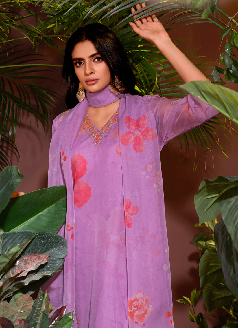 Lavender Organza Readymade Pant Kameez For Festival