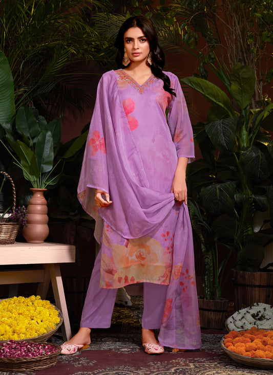 Lavender Organza Readymade Pant Kameez For Festival