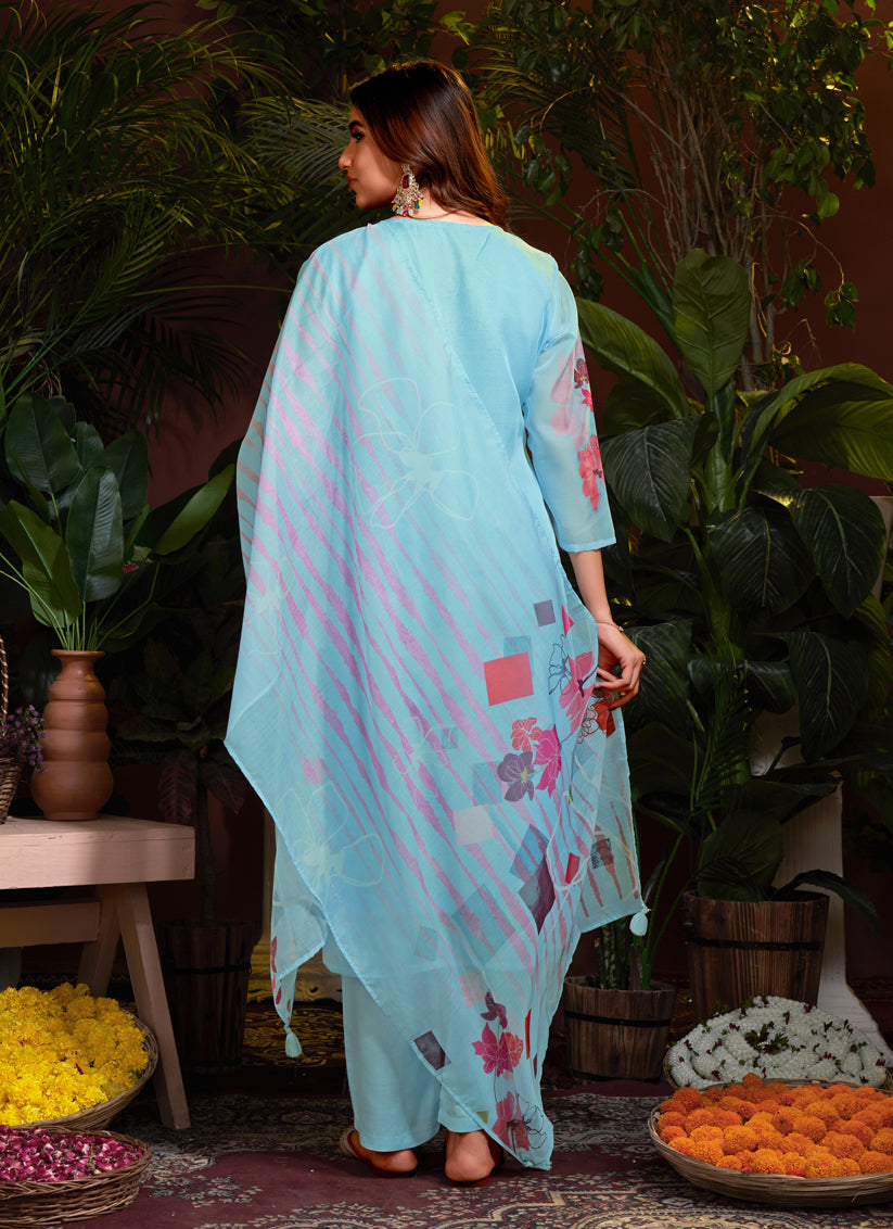 Sky Blue Organza Readymade Pant Kameez For Festival