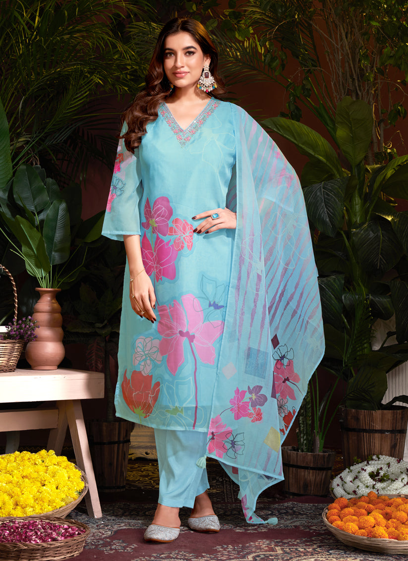 Sky Blue Organza Readymade Pant Kameez For Festival