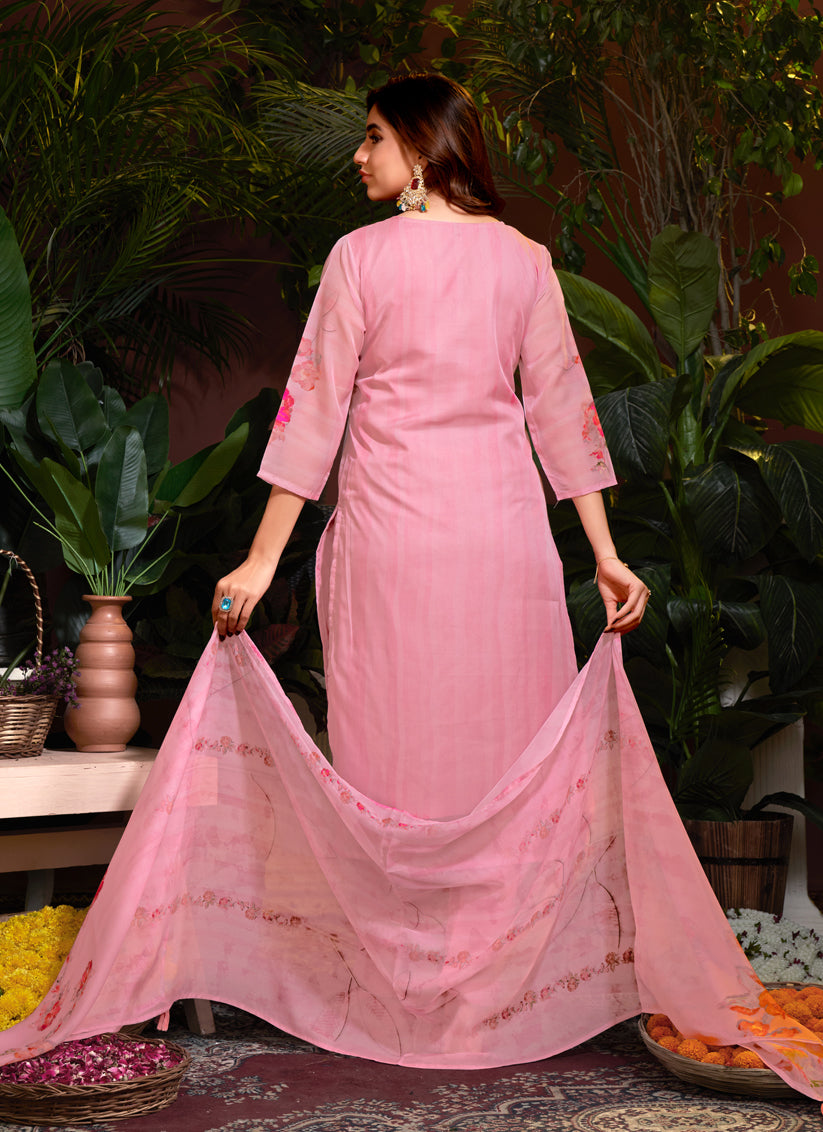 Coral Pink Organza Readymade Pant Kameez For Festival