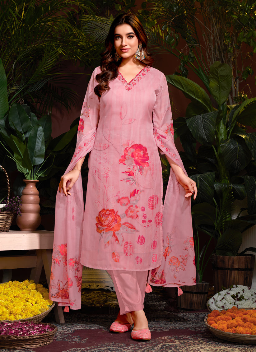 Coral Pink Organza Readymade Pant Kameez For Festival