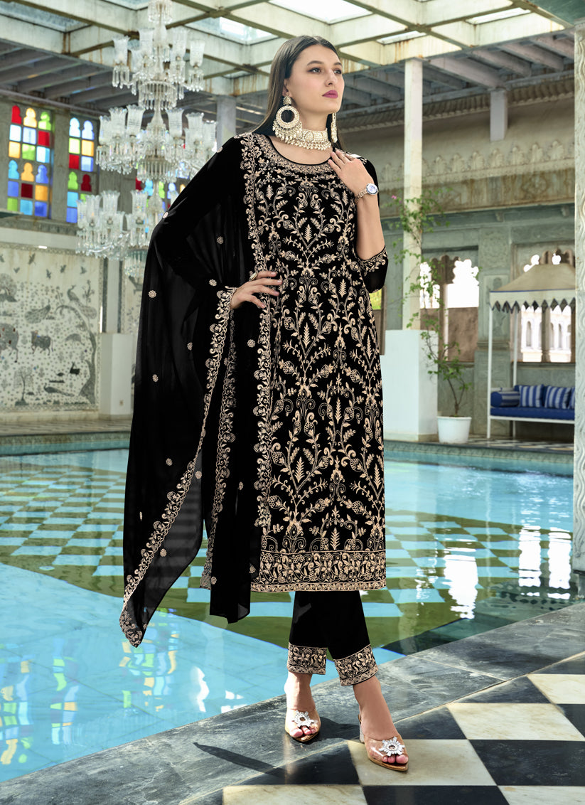 Black Faux Georgette Embroidered Readymade Pant Kameez