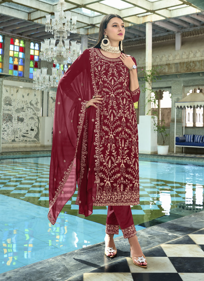 Maroon Faux Georgette Embroidered Readymade Pant Kameez