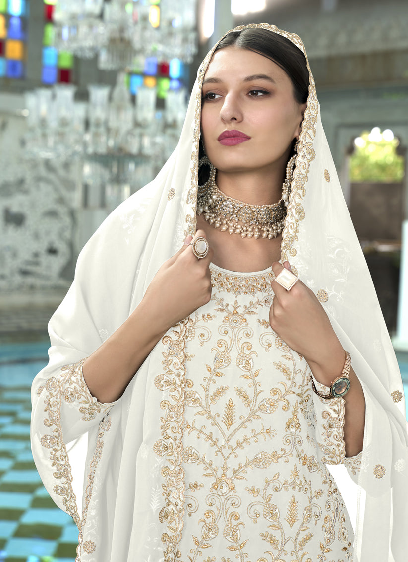 White Faux Georgette Embroidered Readymade Pant Kameez