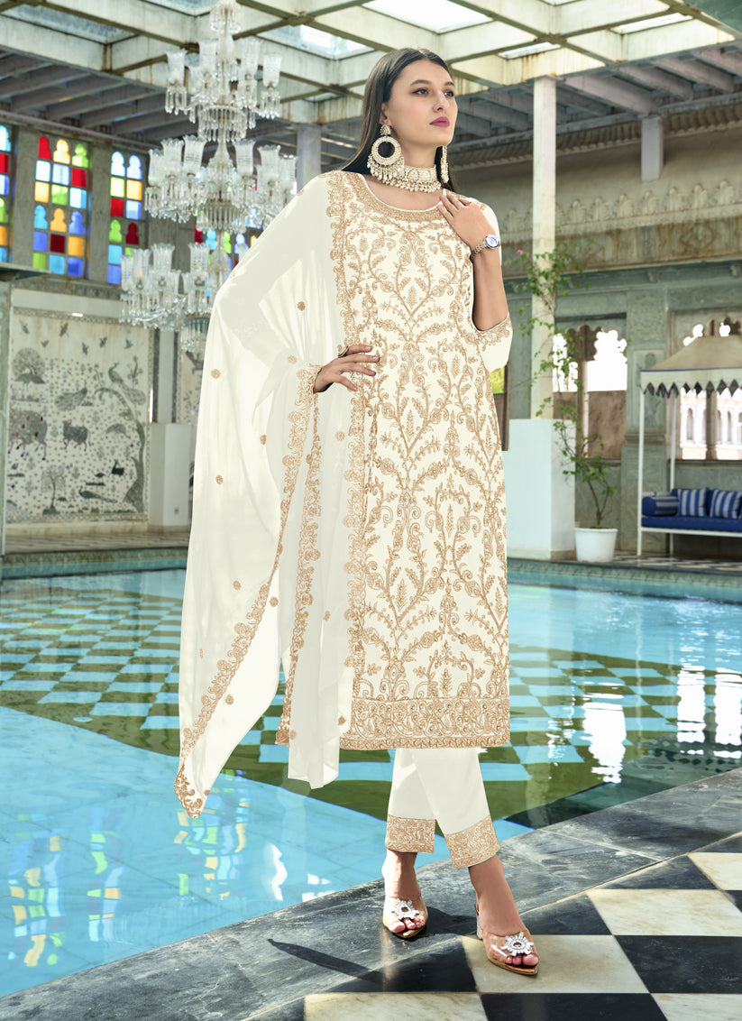 White Faux Georgette Embroidered Readymade Pant Kameez