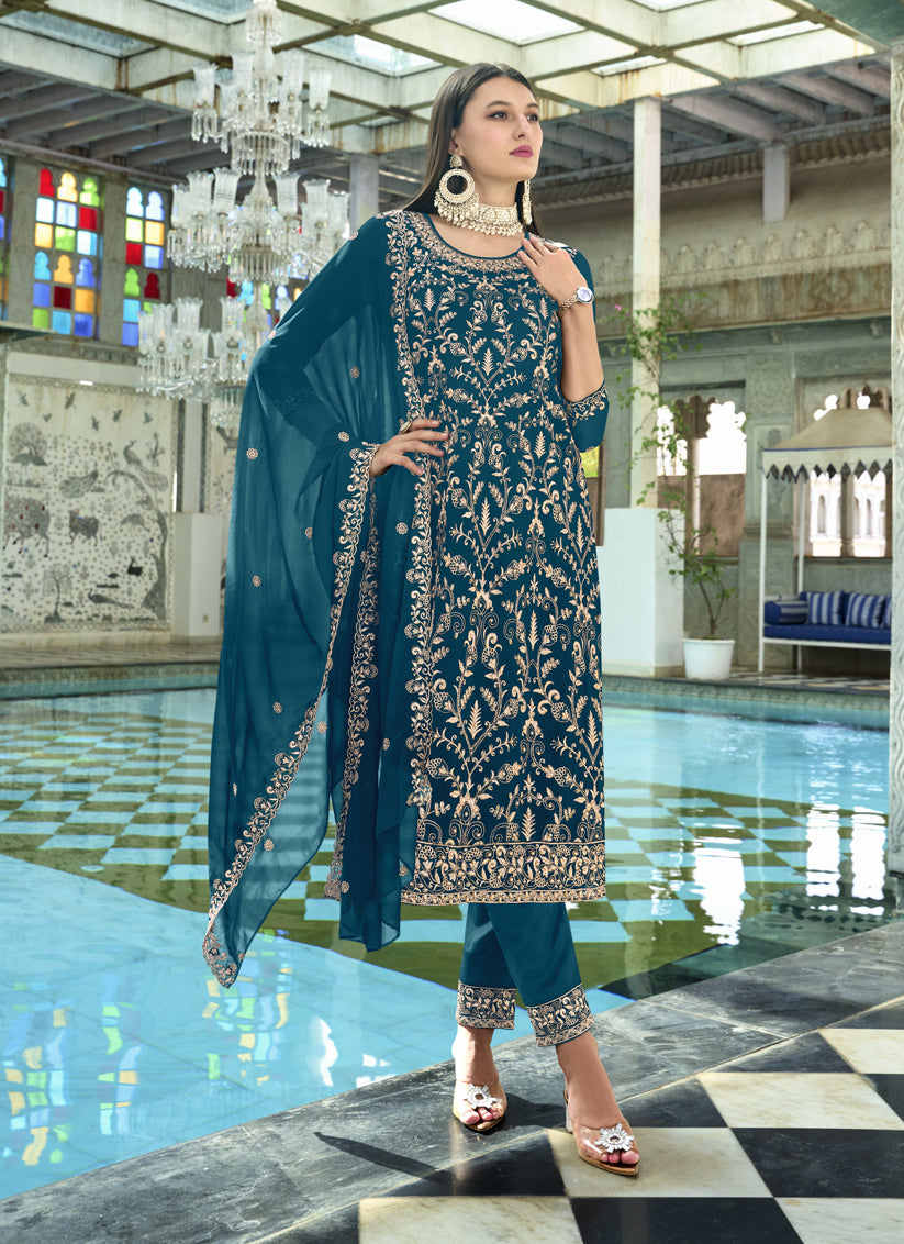 Peacock Blue Faux Georgette Embroidered Readymade Pant Kameez