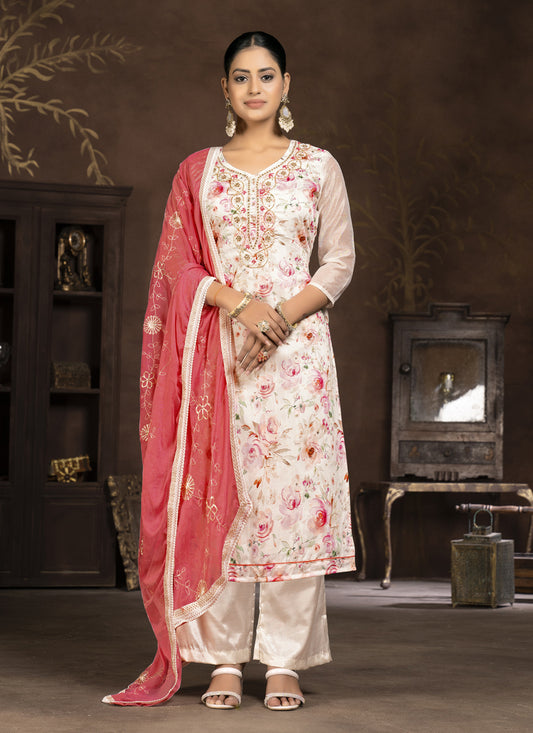 Cream Cotton Printed Palazzo Suit