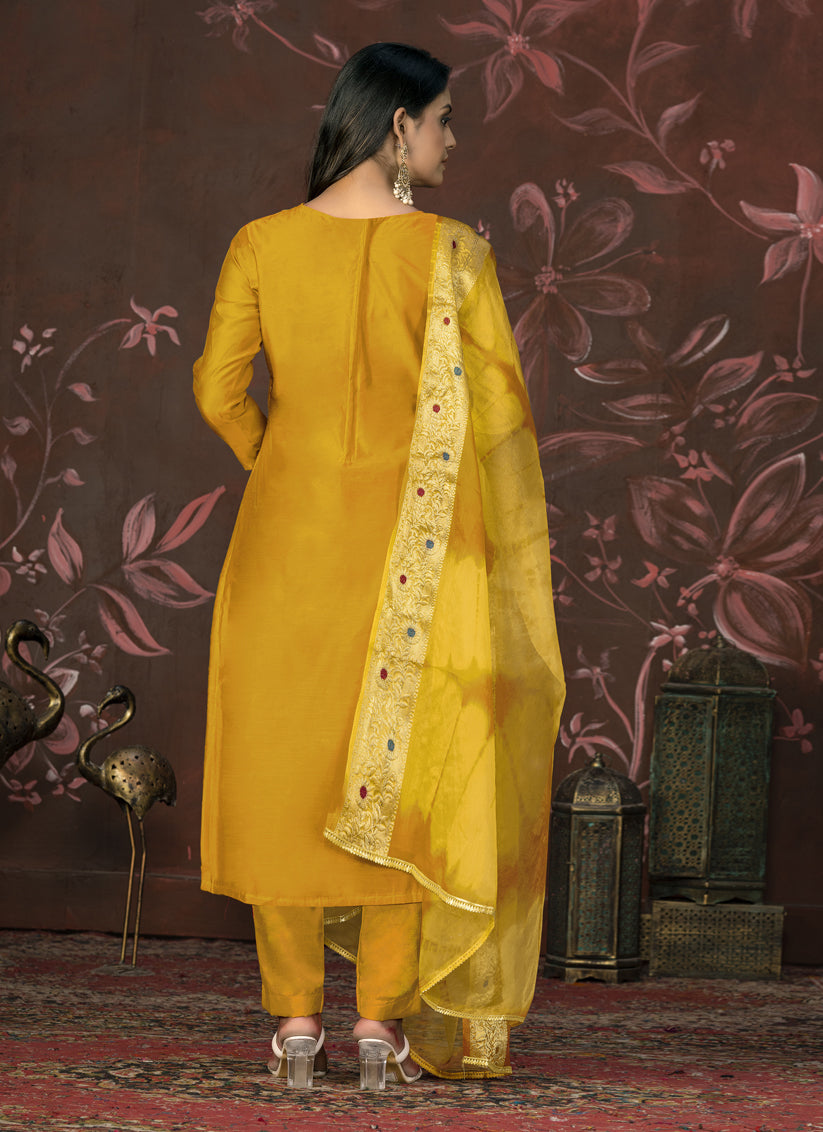 Mustard Cotton Handwork Pant Style Suit