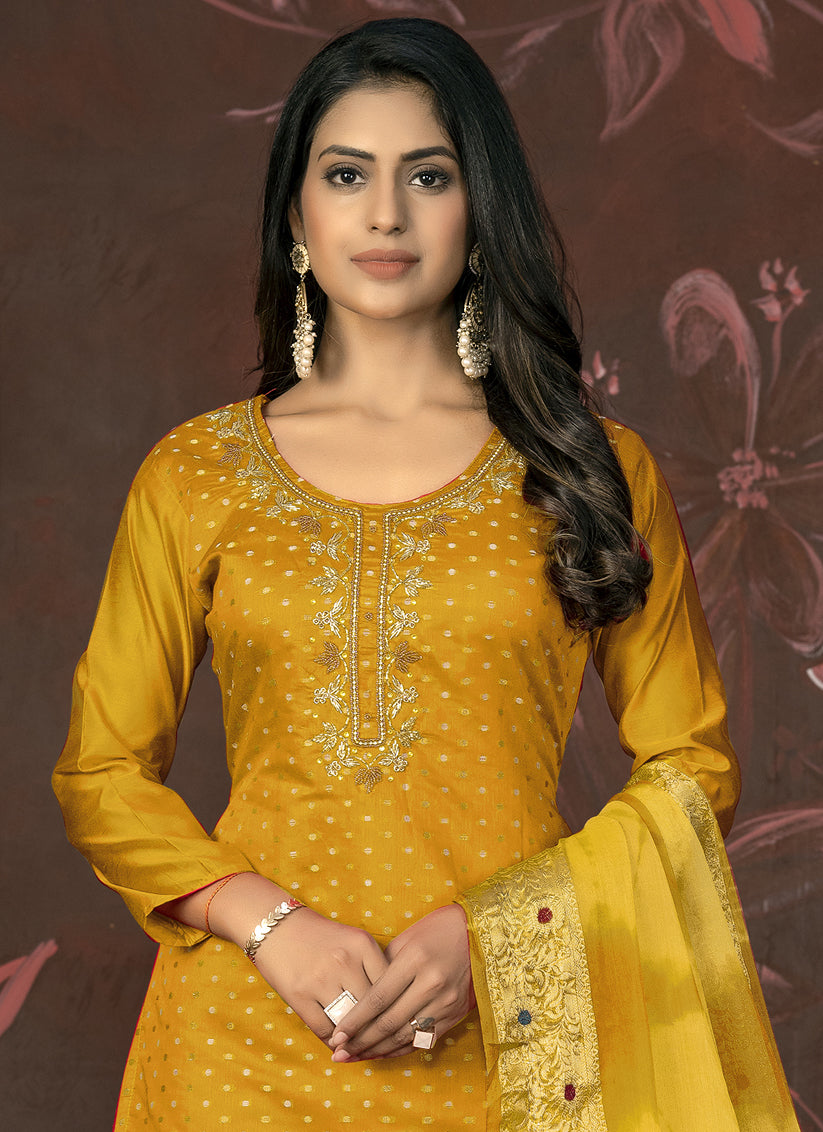 Mustard Cotton Handwork Pant Style Suit