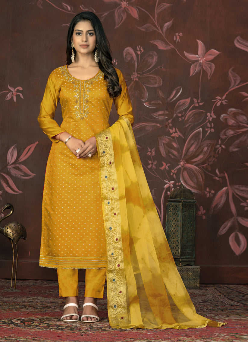 Mustard Cotton Handwork Pant Style Suit