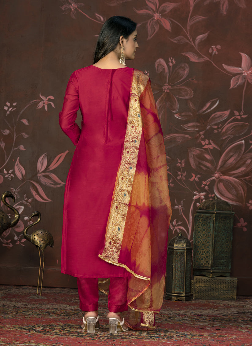 Dark Red Cotton Handwork Pant Style Suit