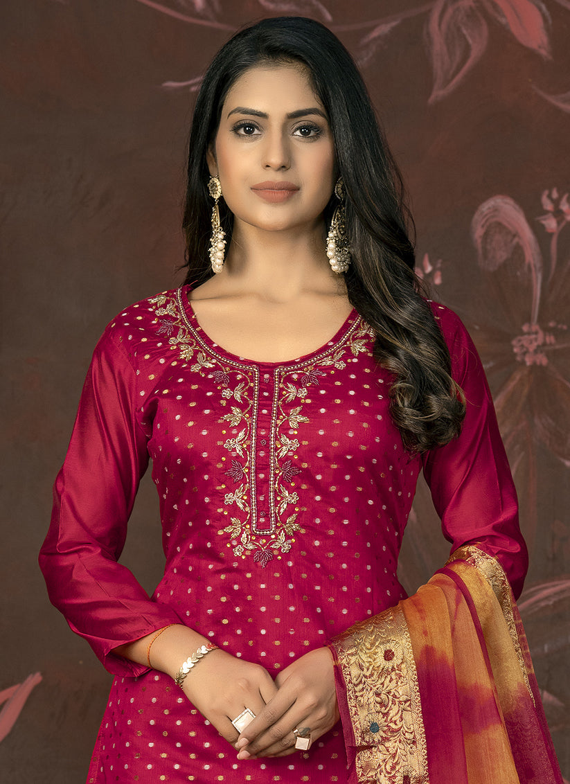 Dark Red Cotton Handwork Pant Style Suit