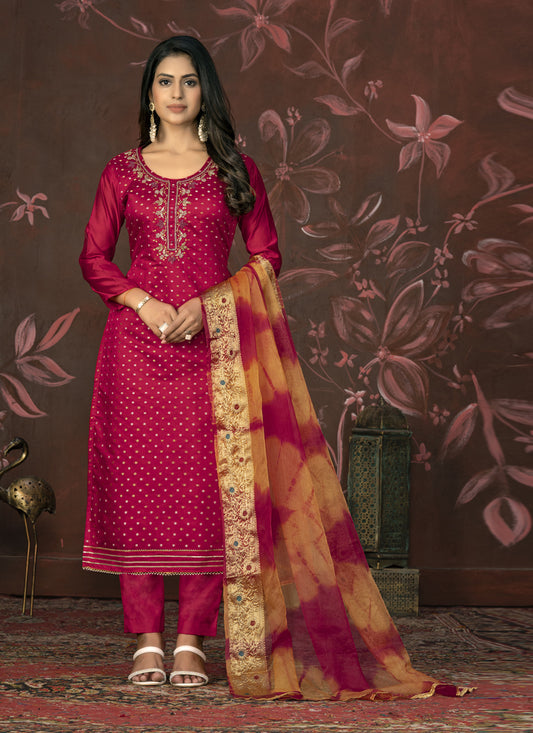 Dark Red Cotton Handwork Pant Style Suit