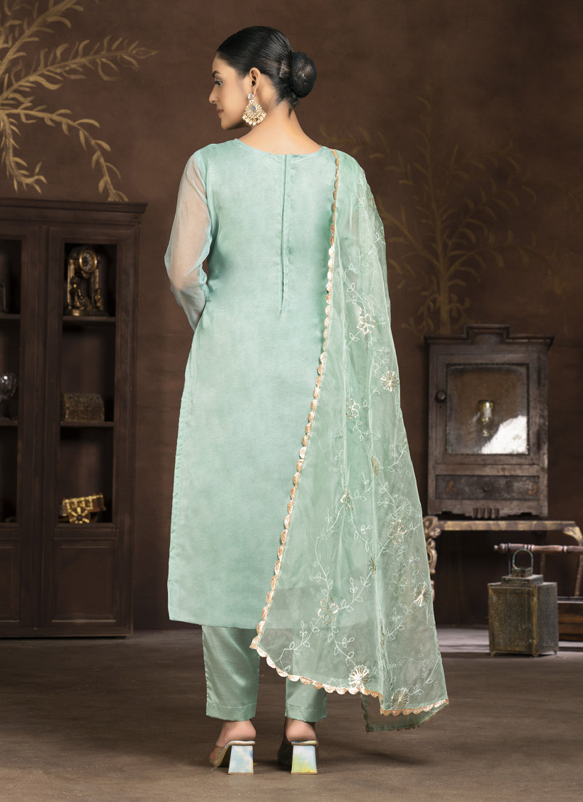 Sea Green Organza Sequence Pant Style Suit