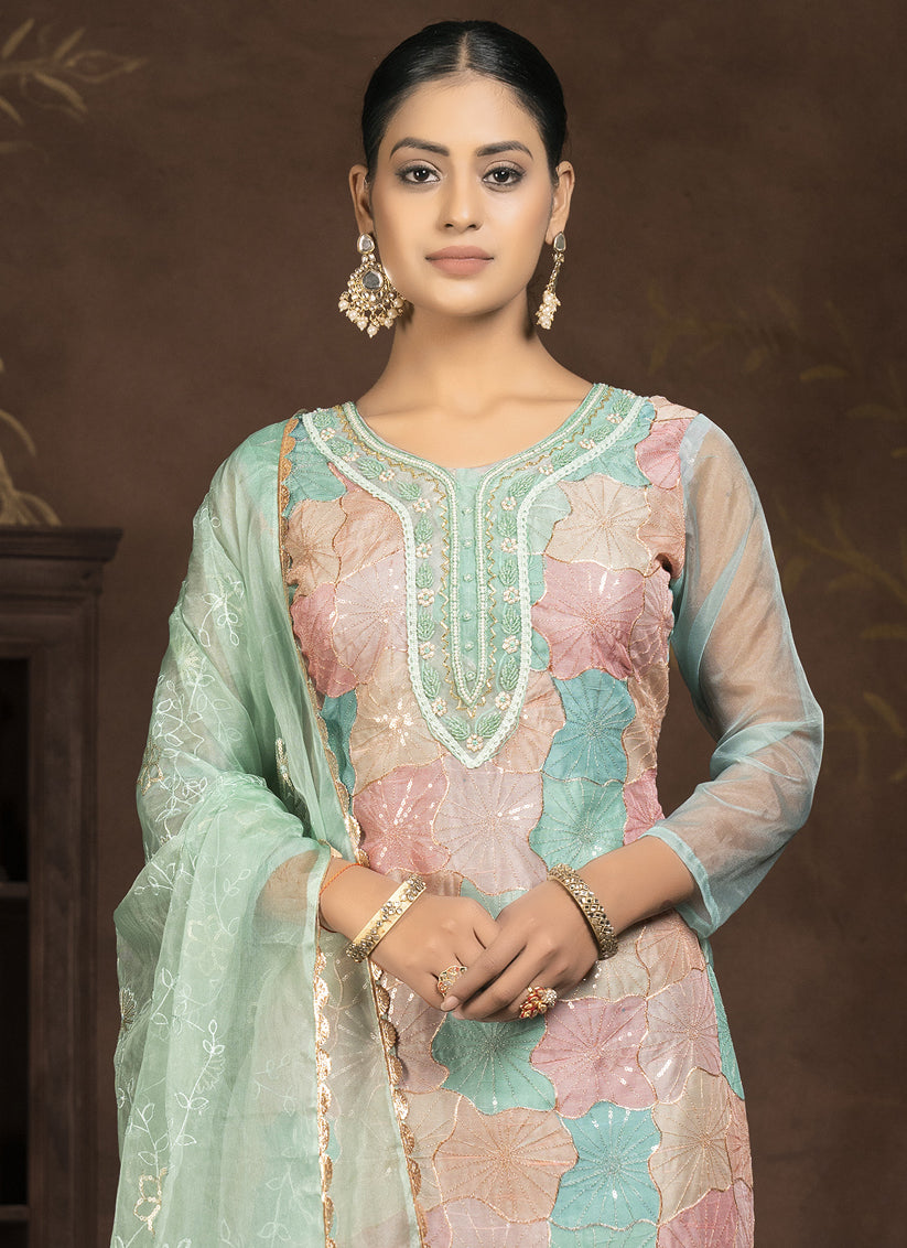 Sea Green Organza Sequence Pant Style Suit