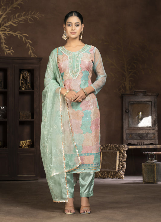 Sea Green Organza Sequence Pant Style Suit