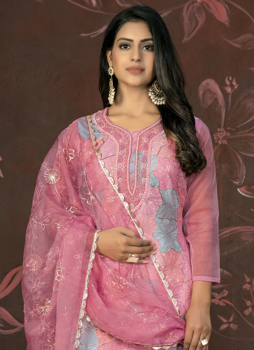 Pink Organza Sequence Palazzo Suit