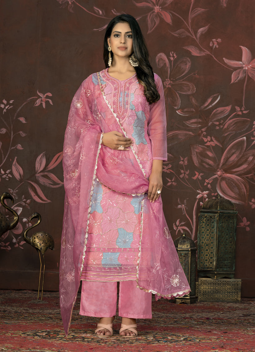 Pink Organza Sequence Palazzo Suit