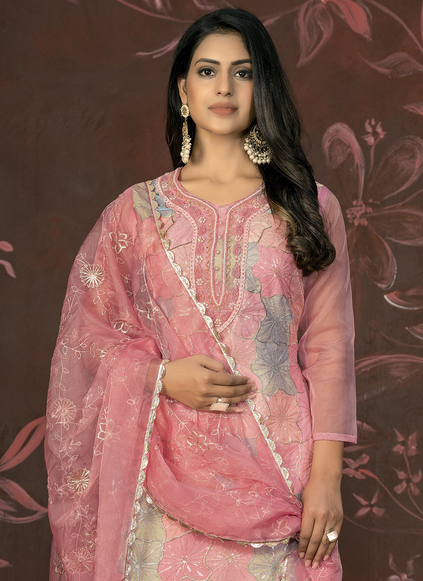 Pink Organza Sequence Palazzo Suit