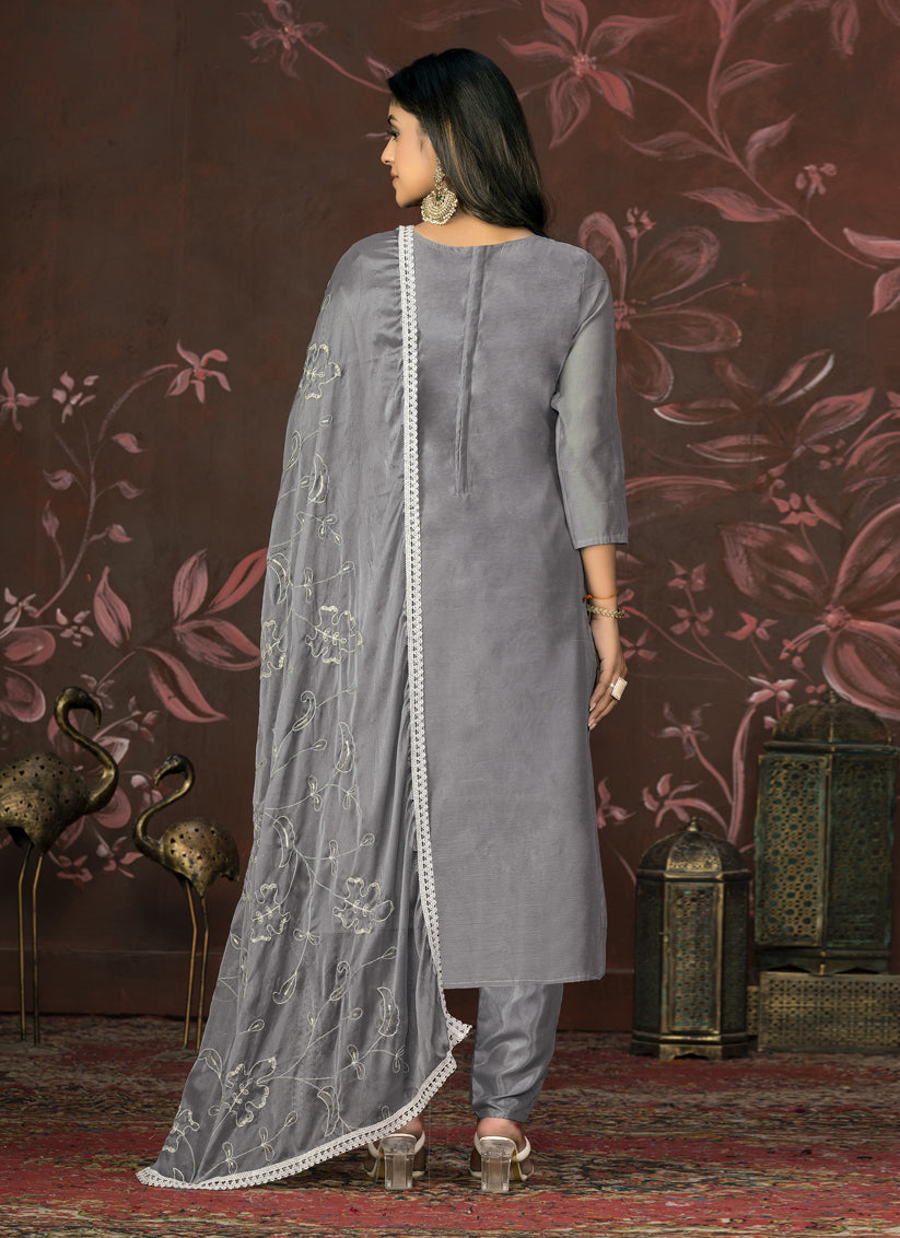 Grey Cotton Handwork Pant Style Suit