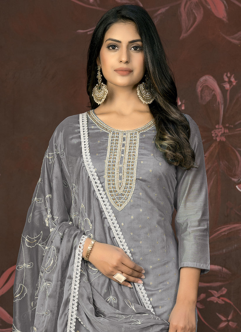 Grey Cotton Handwork Pant Style Suit