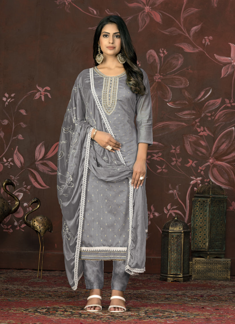 Grey Cotton Handwork Pant Style Suit