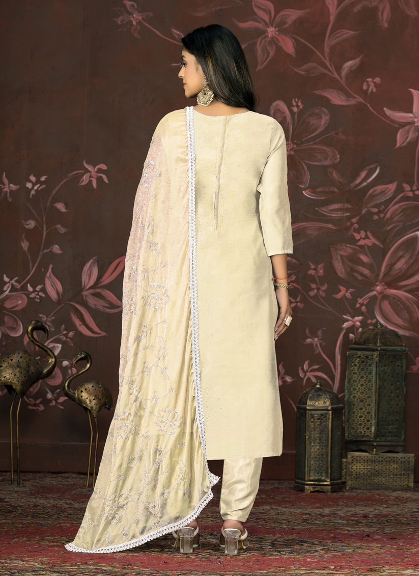 Cream Cotton Handwork Pant Style Suit