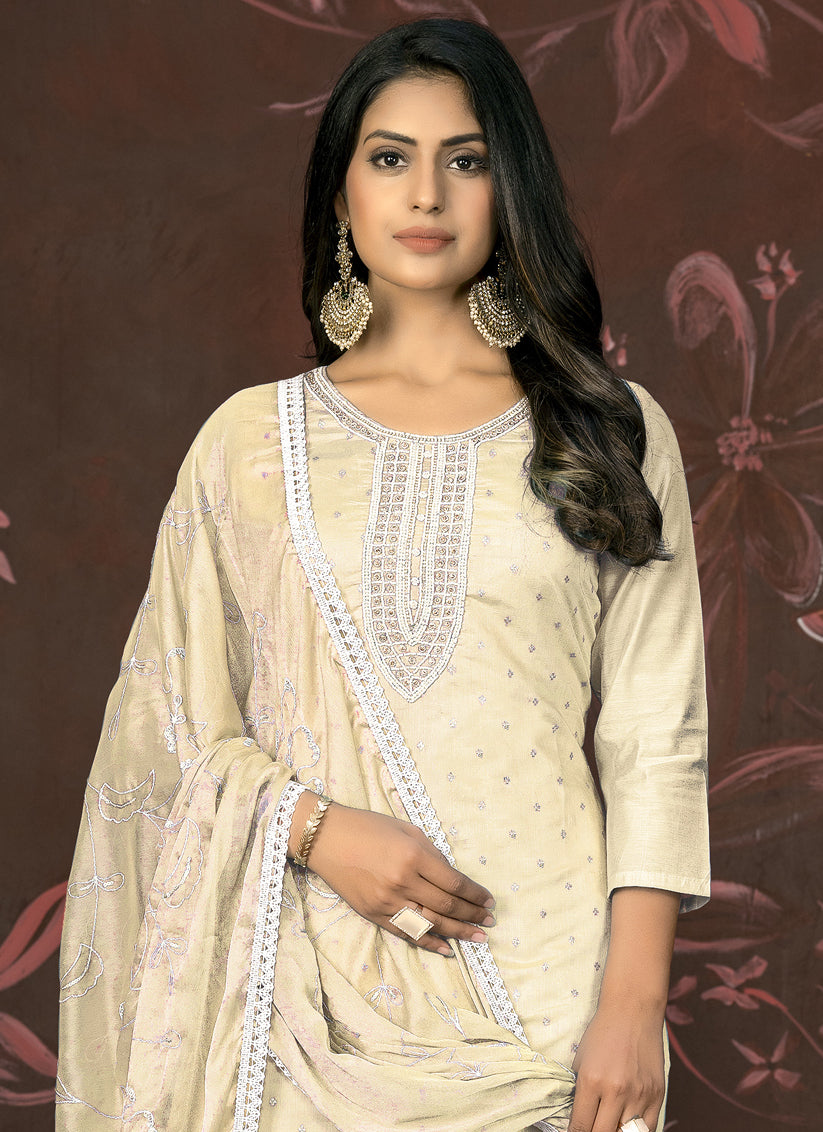 Cream Cotton Handwork Pant Style Suit