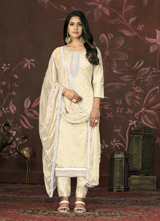 Cream Cotton Handwork Pant Style Suit