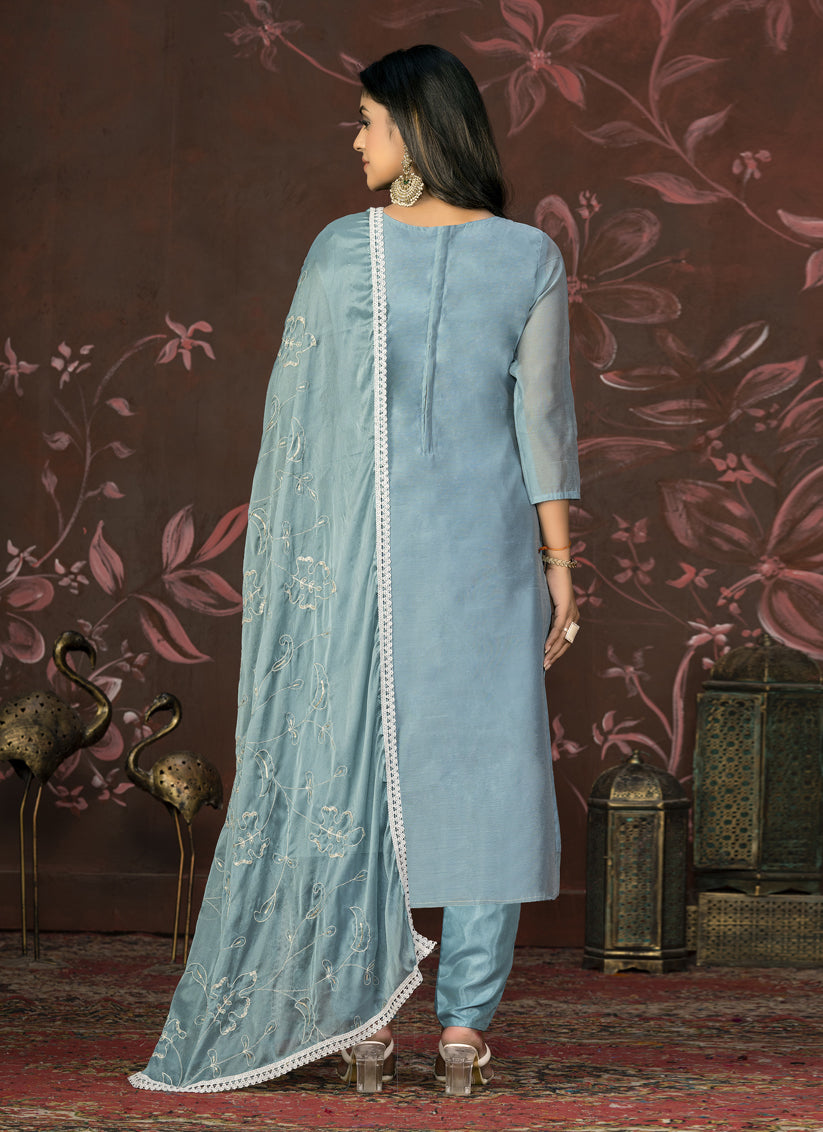 Sky Blue Cotton Handwork Pant Style Suit