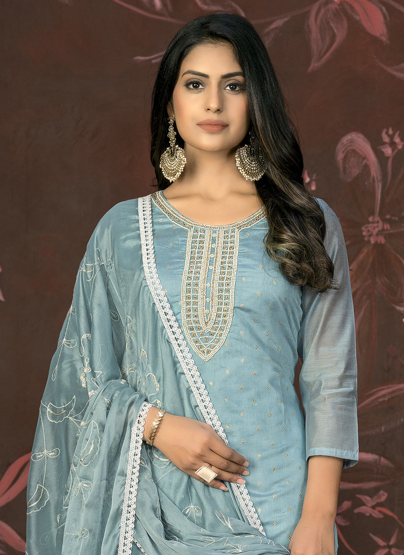 Sky Blue Cotton Handwork Pant Style Suit