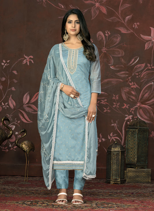 Sky Blue Cotton Handwork Pant Style Suit