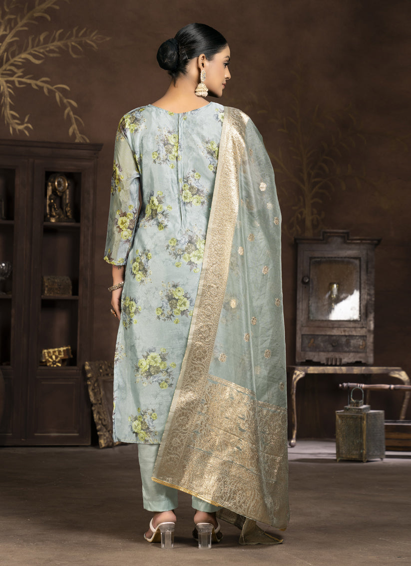 Sea Green Organza Printed Pakistani Suit