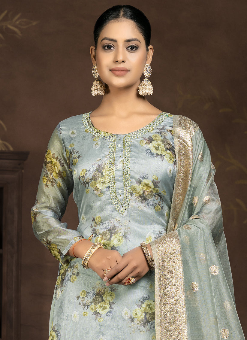 Sea Green Organza Printed Pakistani Suit