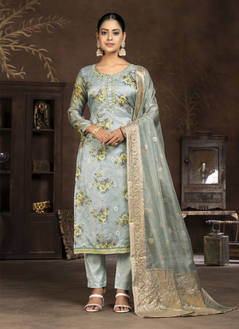 Sea Green Organza Printed Pakistani Suit