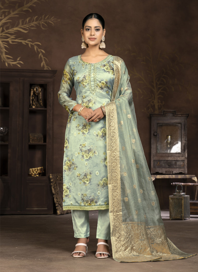 Green Organza Printed Pant Style Suit