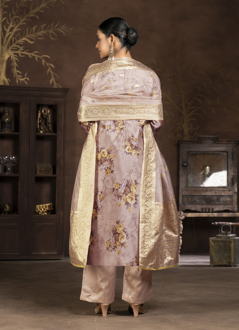 Peach Organza Printed Palazzo Suit